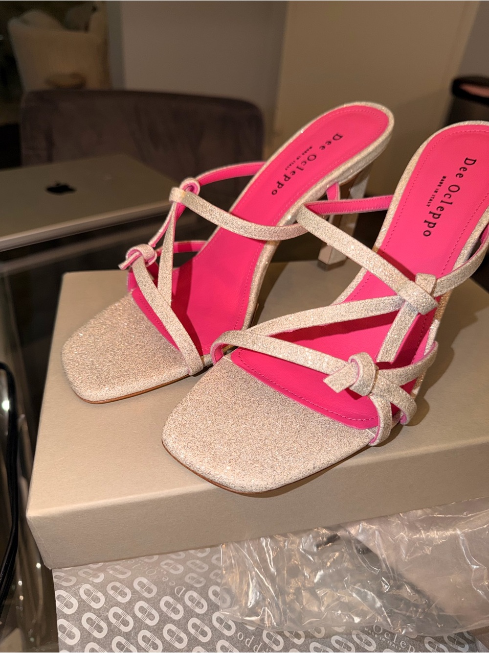 Dee Colpo Pink & Silver Sparkle Knotted Strappy Heels